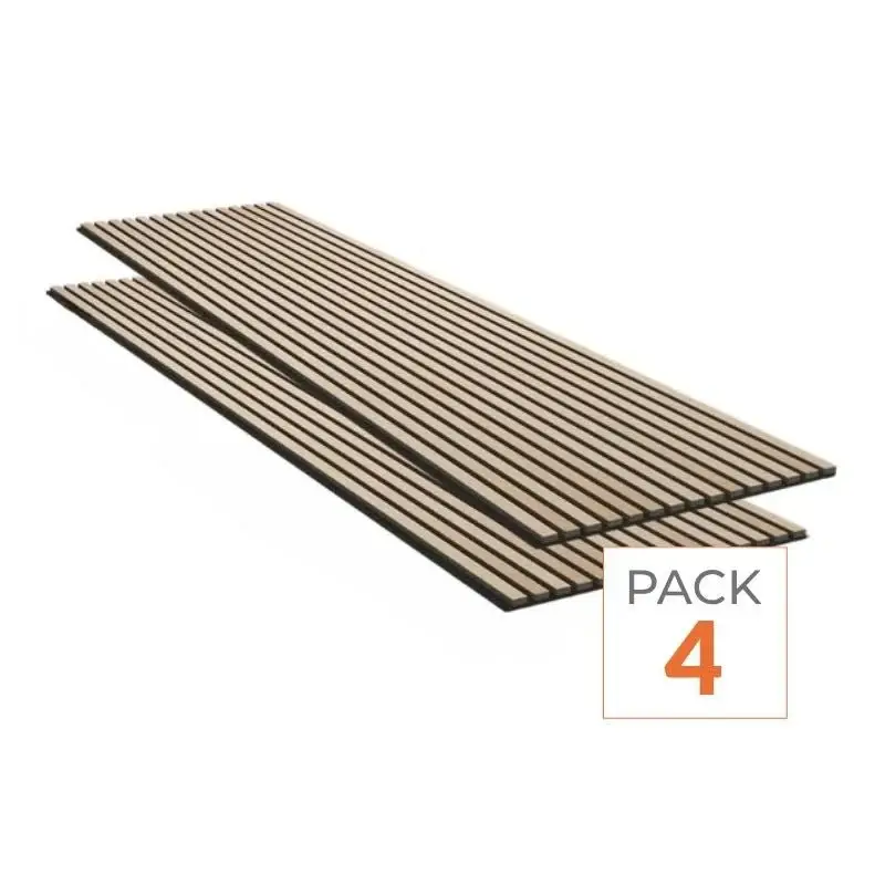 Nouveauté Lot de 4 Panneaux Acoustiques Muraux - Tasseaux Finition Chêne Blanc - Fond Noir - 240x60x2,2cm