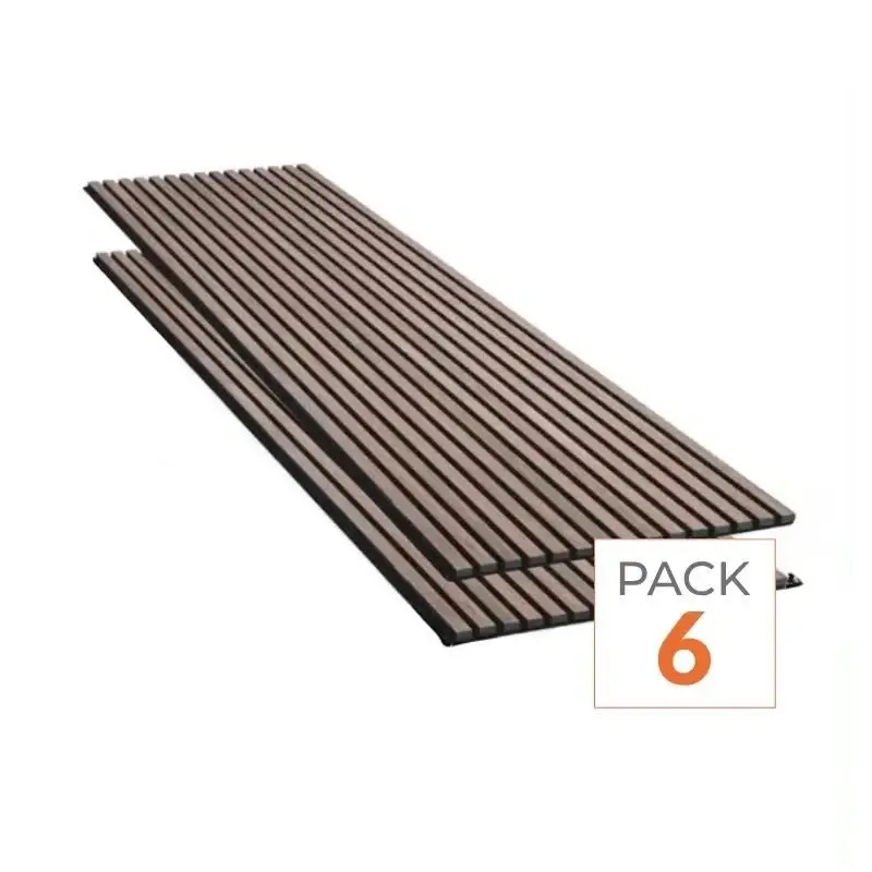 Commander Maintenant Lot de 6 Panneaux Acoustiques Muraux - Tasseaux Finition Noyer - Fond Noir - 240x60x2,2cm