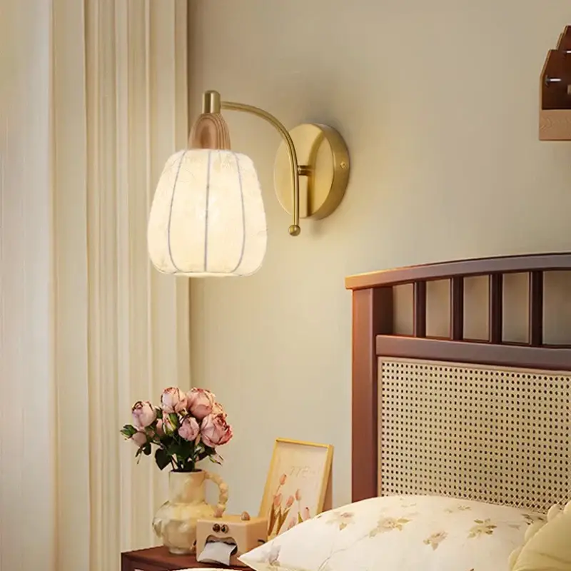 Medieval style wall light in printed fabric and solid wood Usine Directe