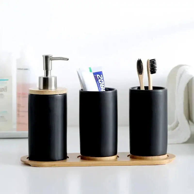 Meilleur Prix Ceramic and bamboo bathroom accessory set