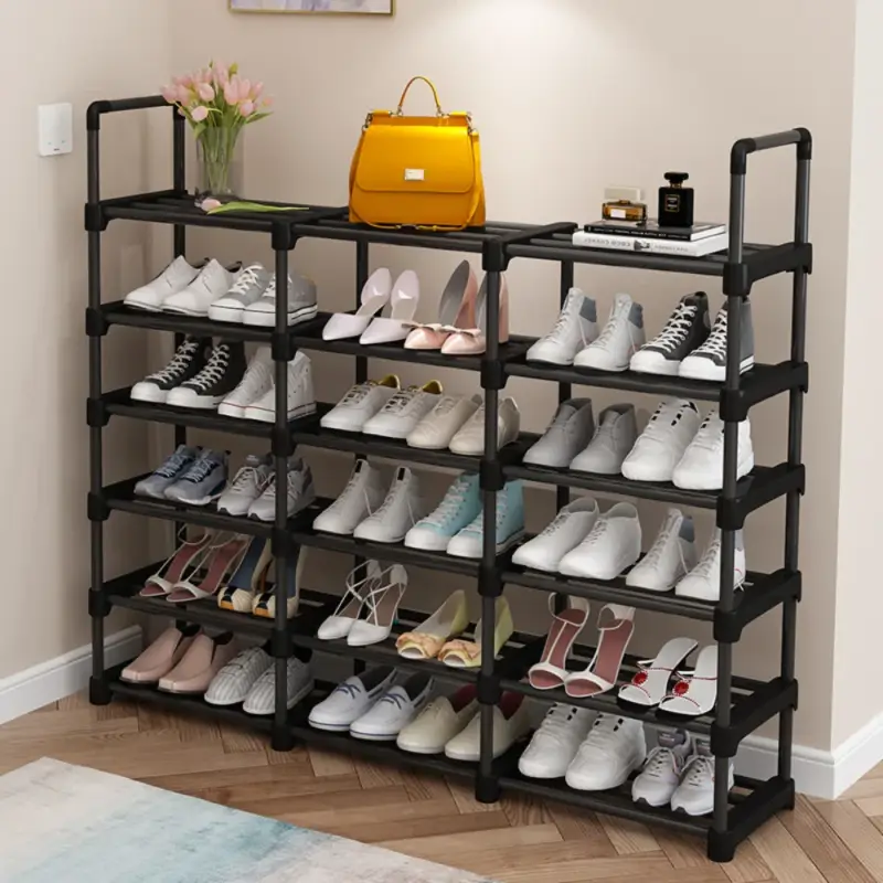 Large capacity metal shoe rack with hooks and storage Commande En Gros
