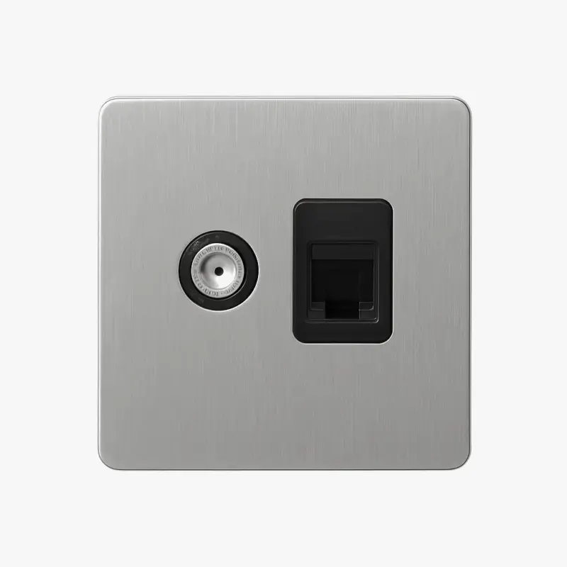 Quantité Limitée Light grey brushed steel tv and rj45 socket with rounded edges