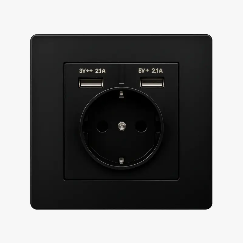 Black matt steel electrical socket with double usb and rounded edges Must-Have