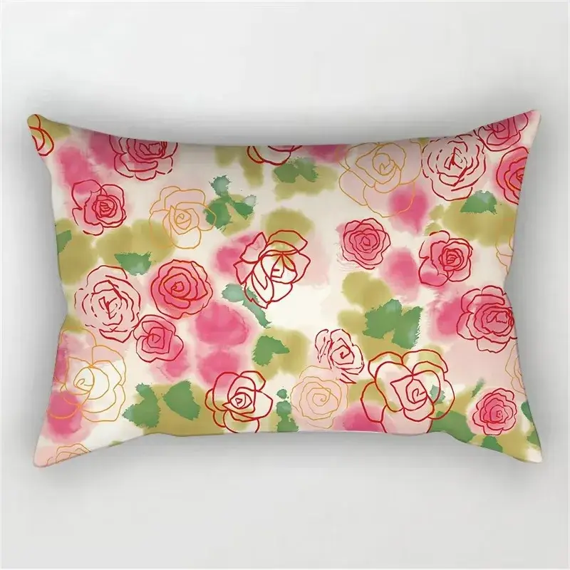 Decorative cushion cover with red flowers and rainbow design Meilleur Prix