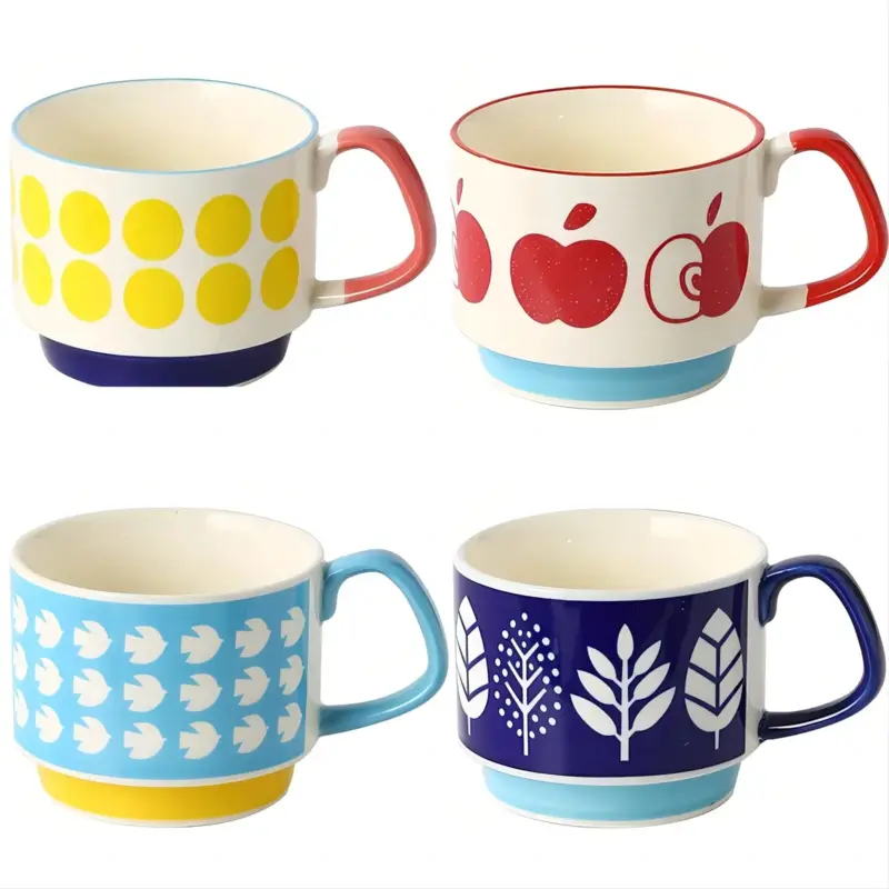 Set of 4 stackable retro japanese style ceramic mugs Marque