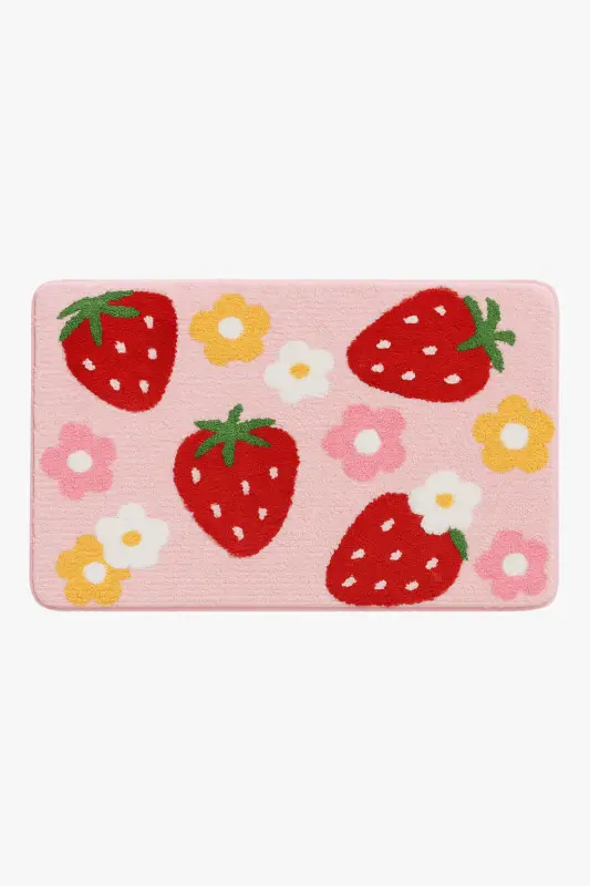 Plush strawberry pattern quick-dry microfibre bath mat Prix Réduit