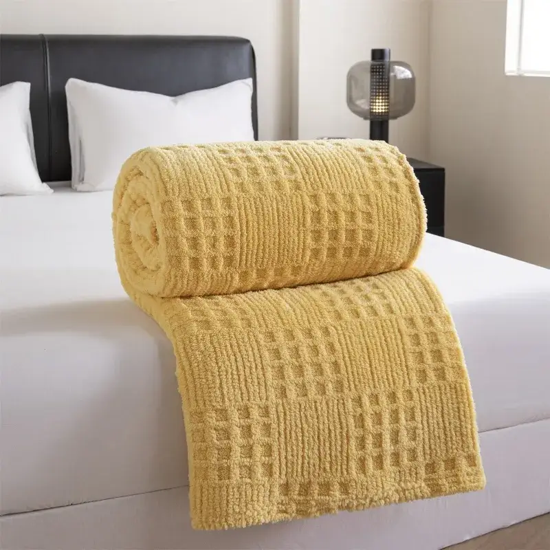 Soft waffle jacquard blanket solid colour multifunctional for livin... Soldes