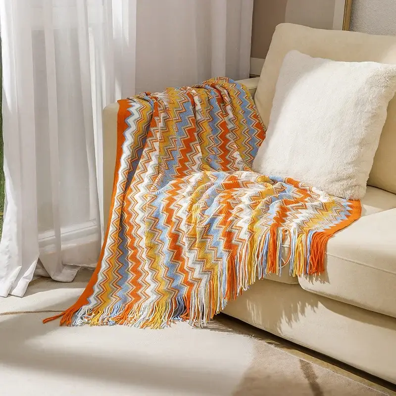 Boho woven checkered throw with tassels for sofa Prix Promo