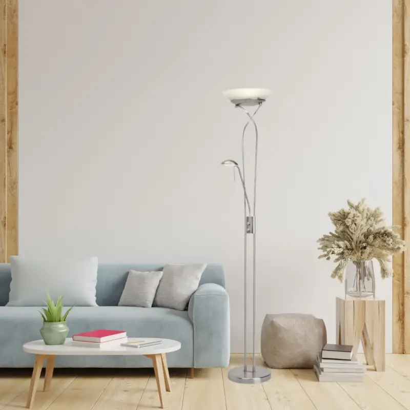 Pas Cher Lampadaire avec liseuse et variateur OLLIE 1x18W LED intégrée ACIER VERRE BLANC