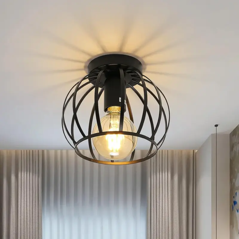 Populaire Plafonnier Vintage, Plafonnier Semi-encastré, Abat-jour de Plafond à Cage en Métal Avec Support E27 Pour Salon Cuisine Chambre Couloir Cour Noir