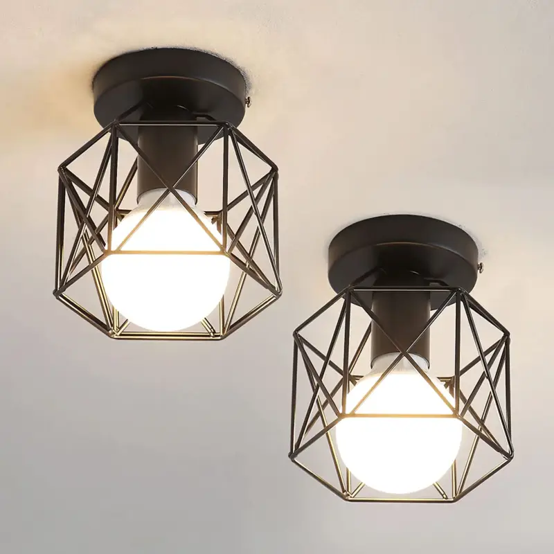 Pas Cher 2 Pack Plafonnier Vintage Industrielle, Suspension Luminaire E27 Plafonnier Retro Noir Métal Cage Lustre Abat-jour Fer, Lampe de Plafond pour Chambre Entrée Couloir Salon Café Restaurent