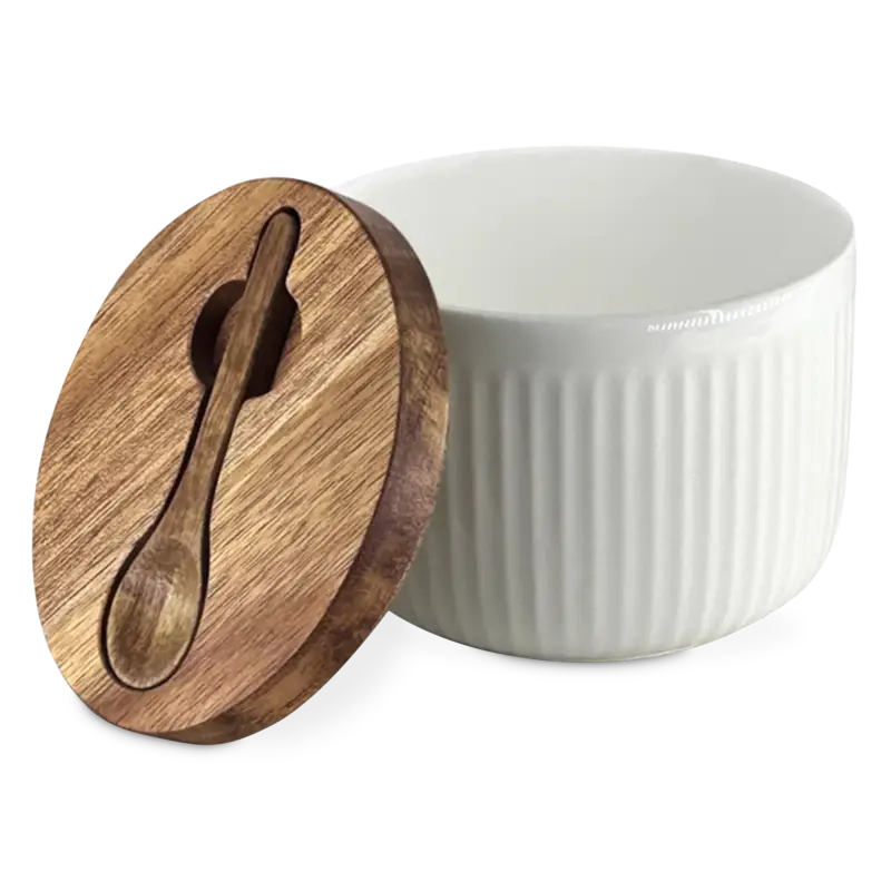 Bia - pot à sel en porcelaine et bois d'acacia Livraison Express
