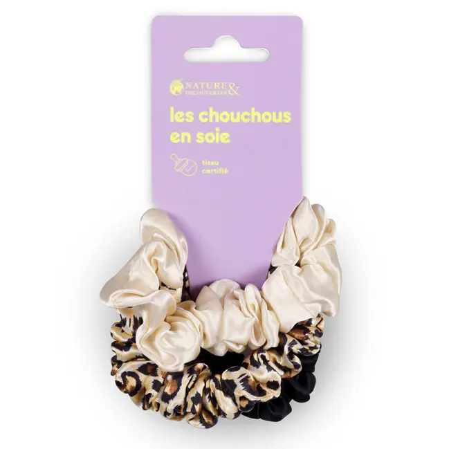 Meilleur Choix Trio chouchous pure soie certifiée Léopard, crème, noir