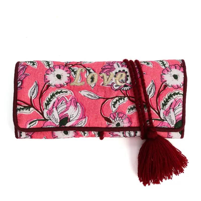 Trousse à bijoux de voyage artisanale roulée et brodée en tissu Rose Jusqu'à Épuisement Des Stocks