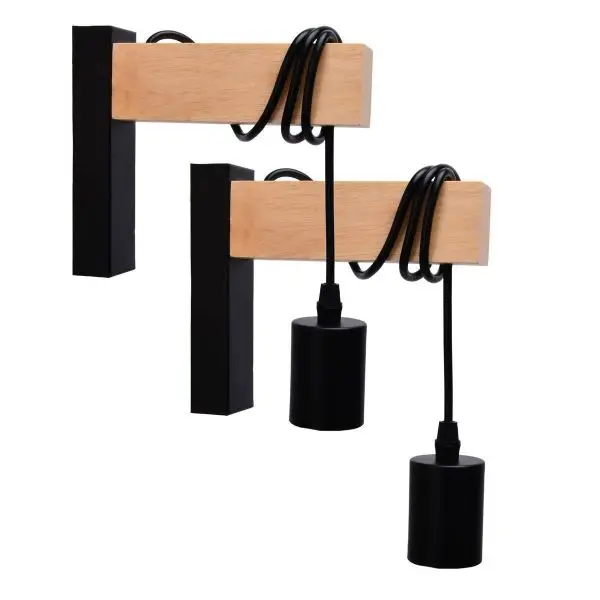 Offre Exclusive Lot de 2 Appliques Murales Potence NORFOLK Noir et Bois E27 Intérieur