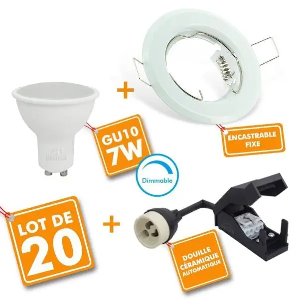 Lot de 20 Spot LED encastrable complet Blanc Fixe avec Ampoule GU10 7W Dimmable Top Vente